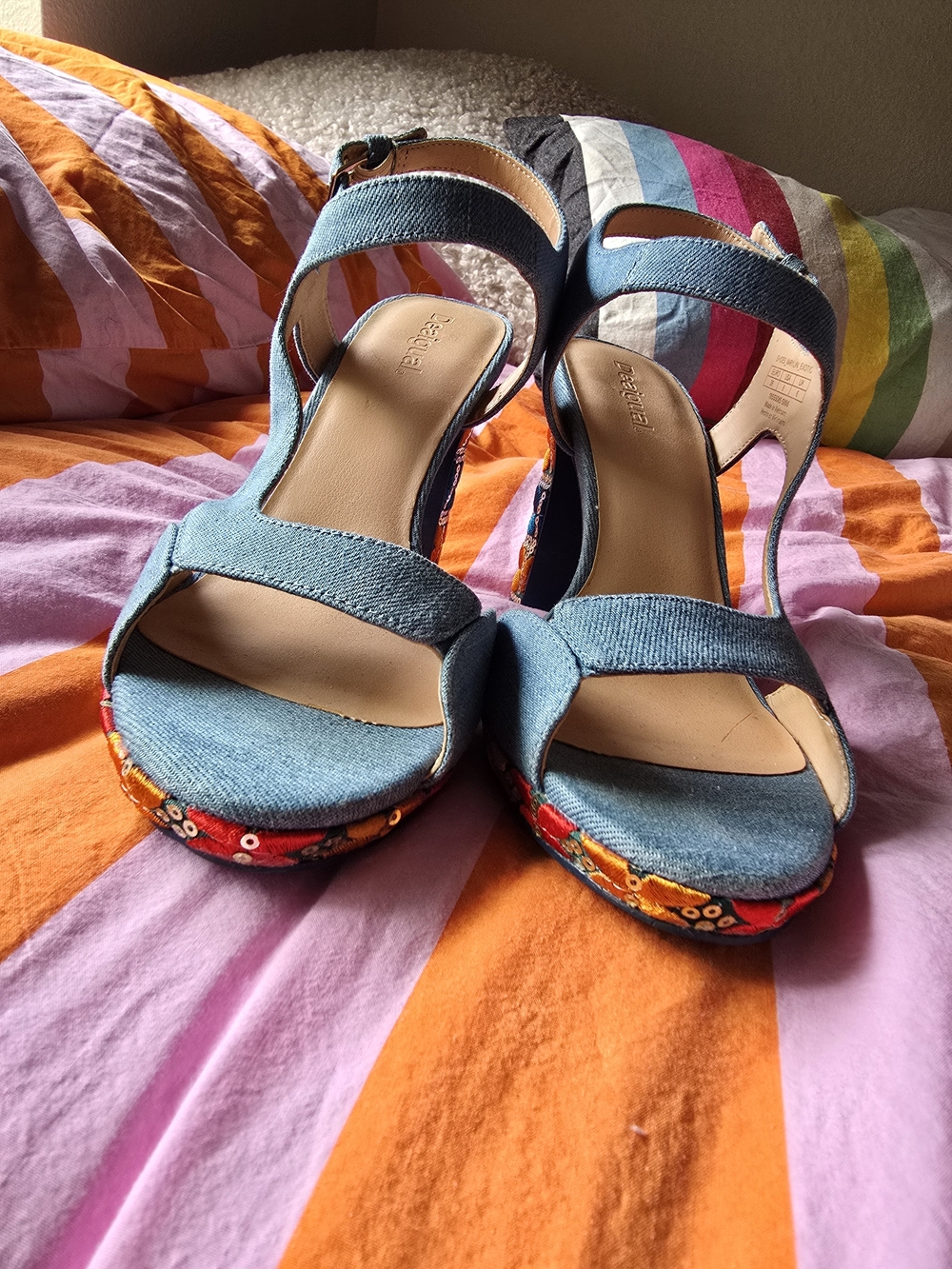Desigual Blue Denim Embroidered Block Heel Sandals - Picture 8 of 9